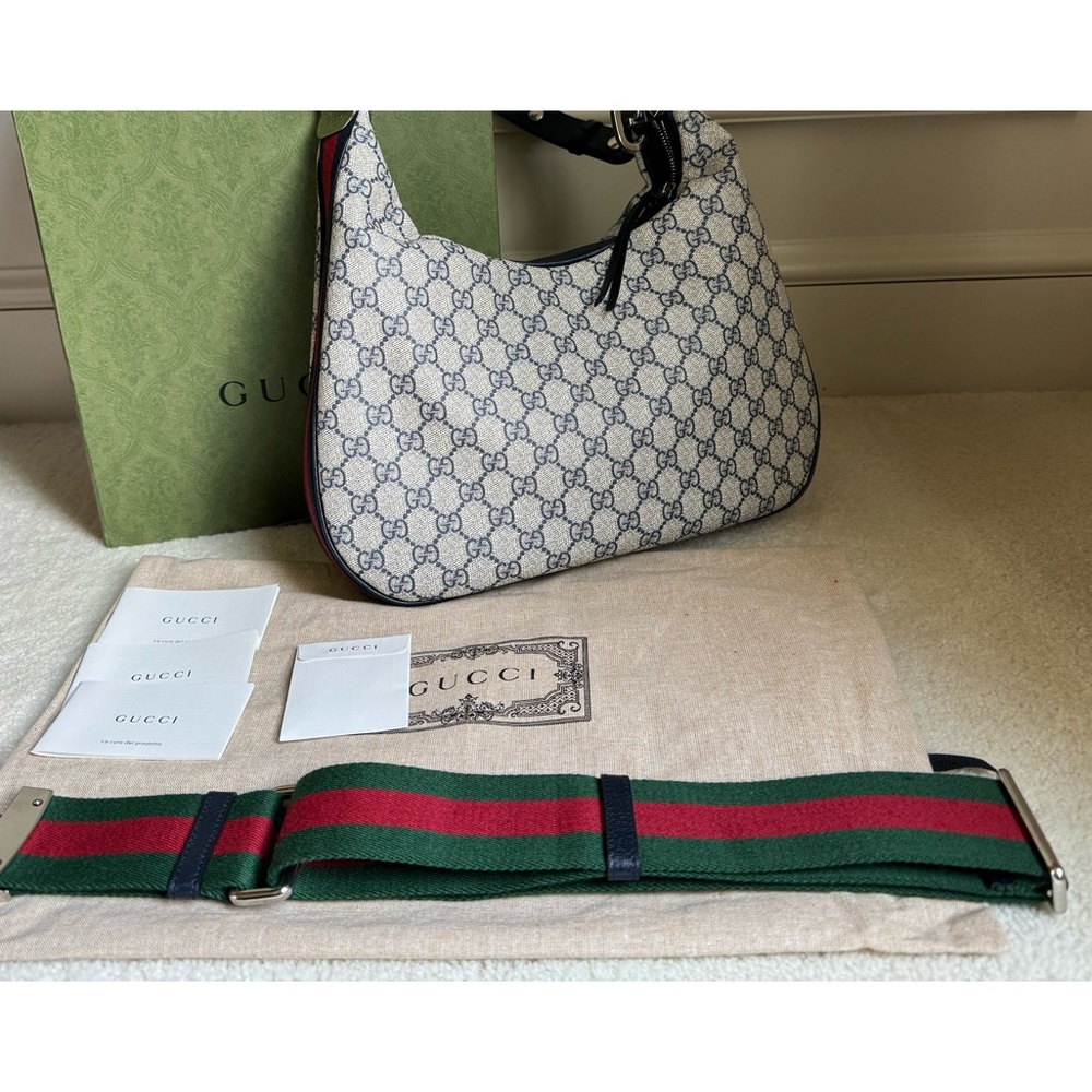 Gucci Attache Medium Shoulder Bag beige and blue GG Supreme canvas